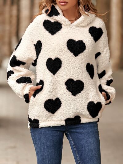 swvws Fuzzy Heart Pocketed Dropped Shoulder Hoodie