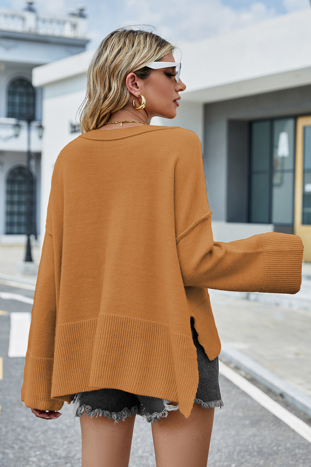 swvws Round Neck Dropped Shoulder Slit Sweater