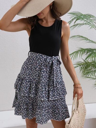 swvws Printed Ruffled Round Neck Layered Dress