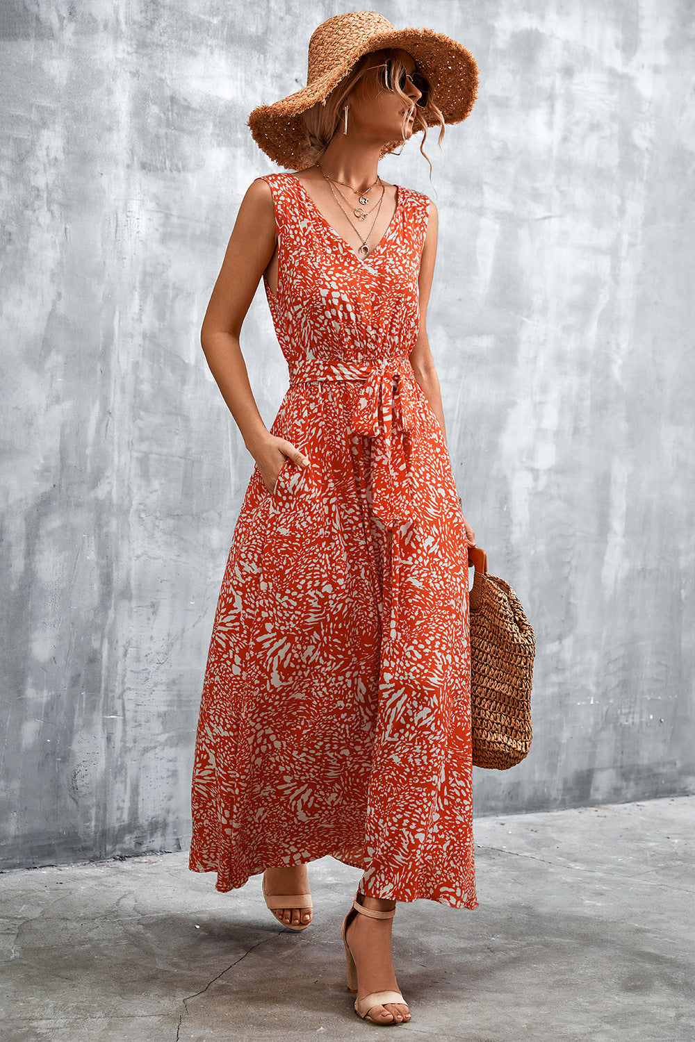 swvws Printed V-Neck Tie Waist Maxi Dress