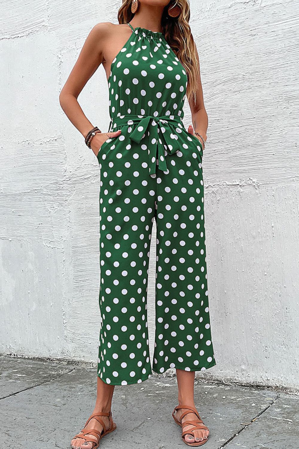 swvws Polka Dot Grecian Wide Leg Jumpsuit