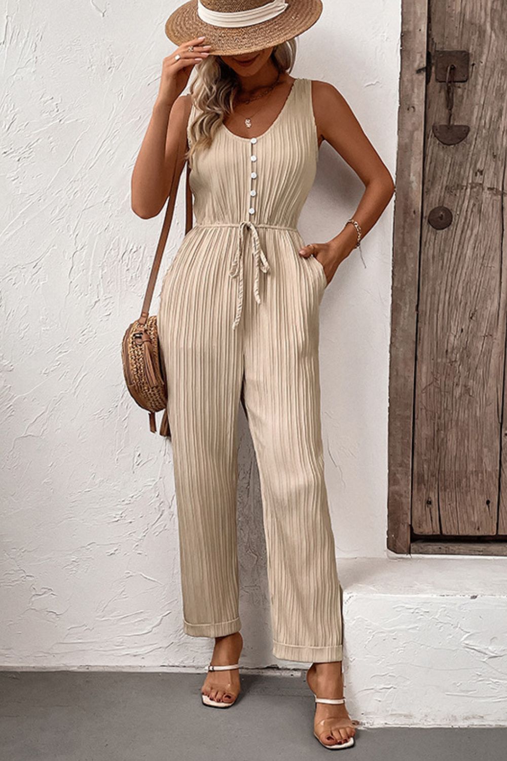 swvws Textured Sleeveless Jumpsuit with Pockets