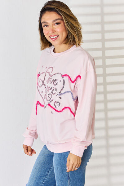 swvws LOVE YOU Heart Sequin Round Neck Sweatshirt