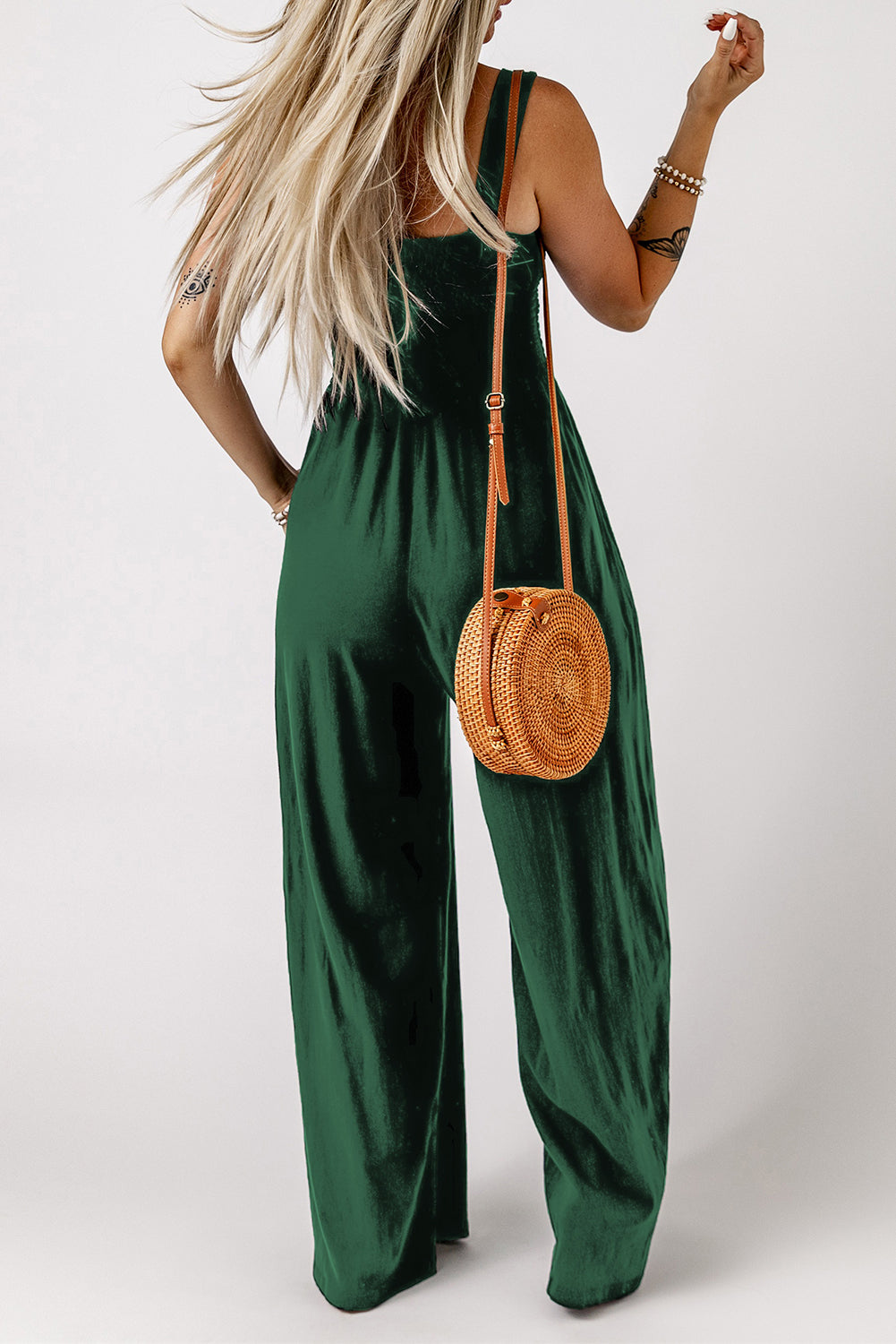 swvws Smocked Square Neck Wide Leg Jumpsuit with Pockets