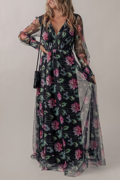 swvws Somcked Floral V-Neck Long Sleeve Dress