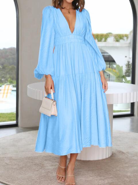 swvws Deep V-Neck Balloon Sleeve Plain Maxi Dress