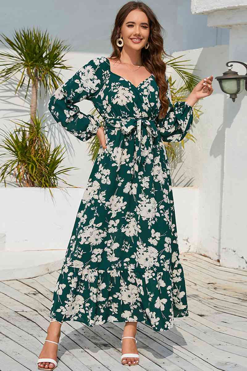 swvws Floral Print V-Neck Long Sleeve Maxi Dress