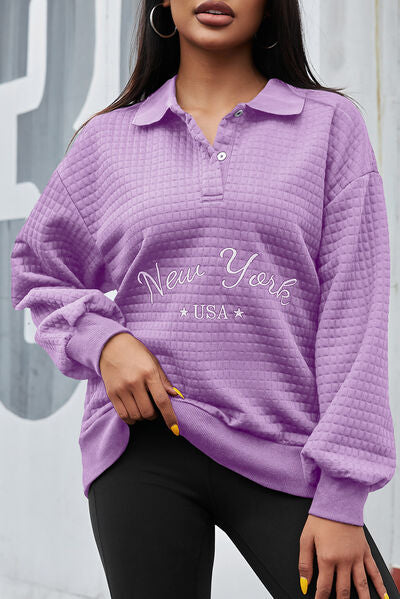 swvws NEW YORK USA Quarter Button Dropped Shoulder Sweatshirt