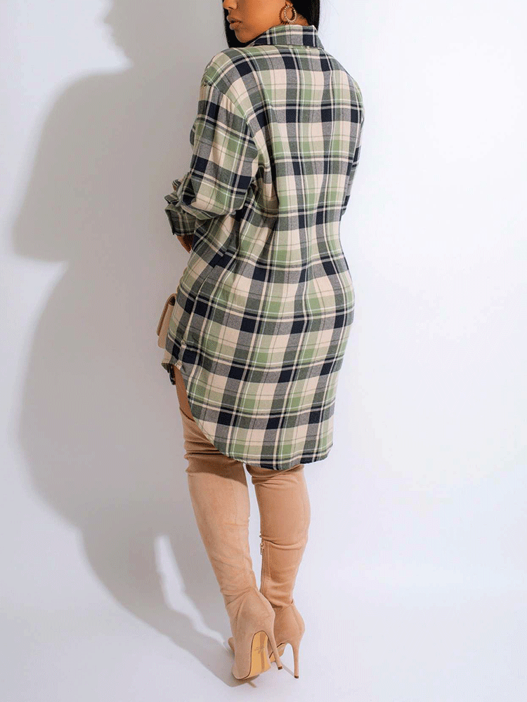 Sixsr Long Sleeve Plaid Buckle Shirt Dress