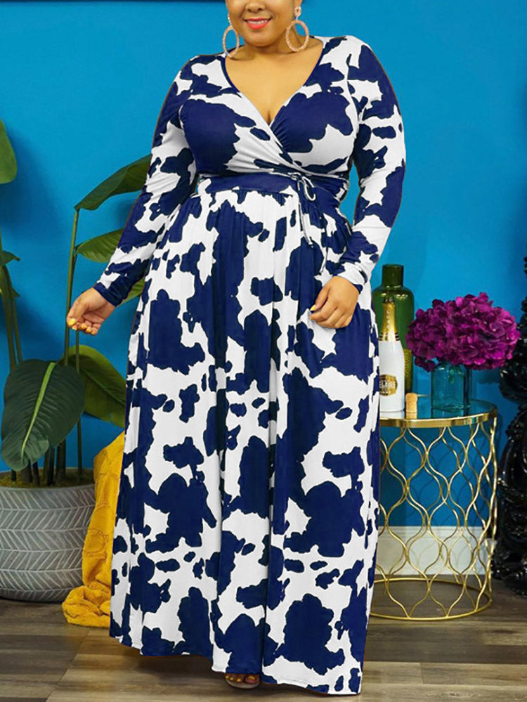 Sixsr Cow Print V Neck Wrap Dress