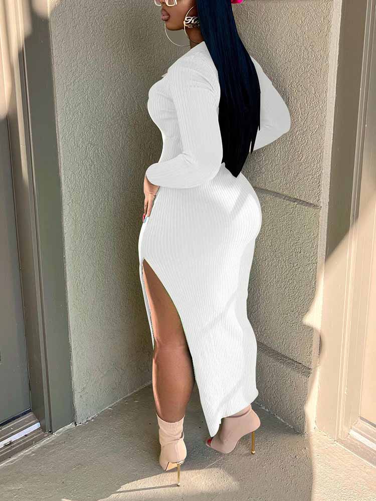 Sixsr Ribbed Slit Bodycon Midi Dress