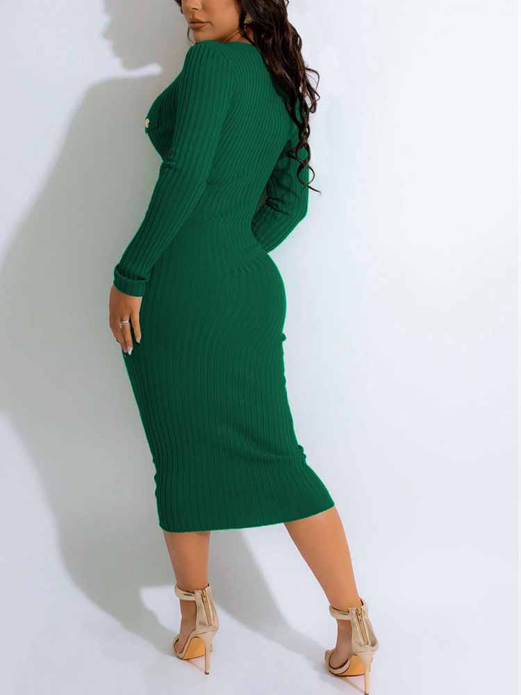 Sixsr Button Ribbed Midi Pencil Dresses