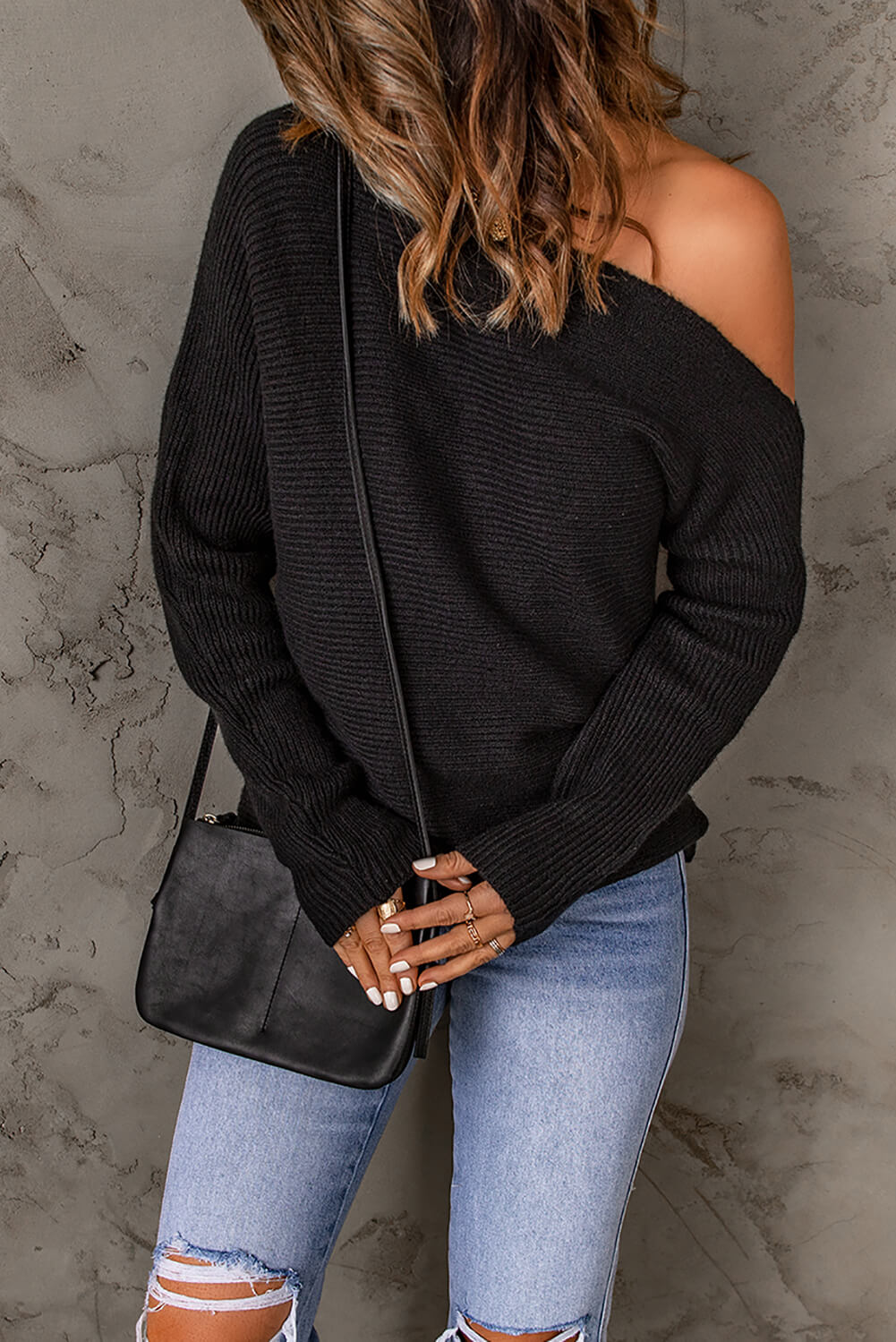 swvws Horizontal Ribbing One-Shoulder Sweater