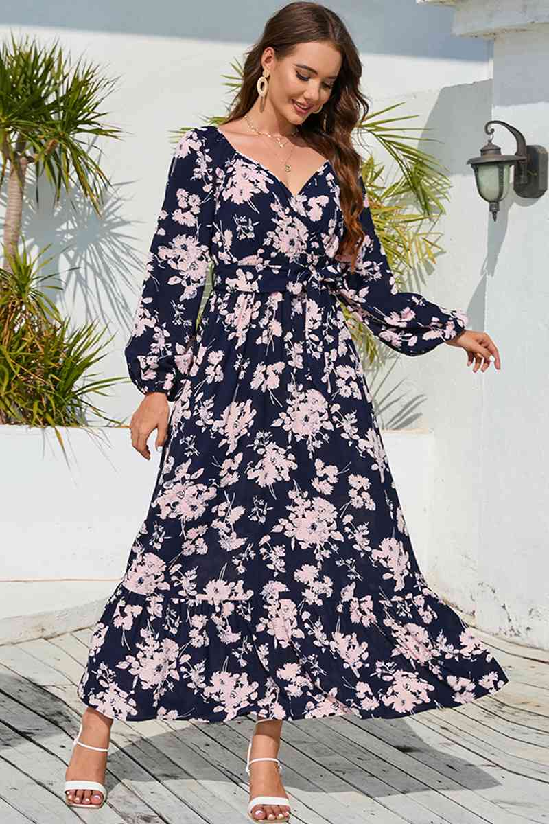 swvws Floral Print V-Neck Long Sleeve Maxi Dress