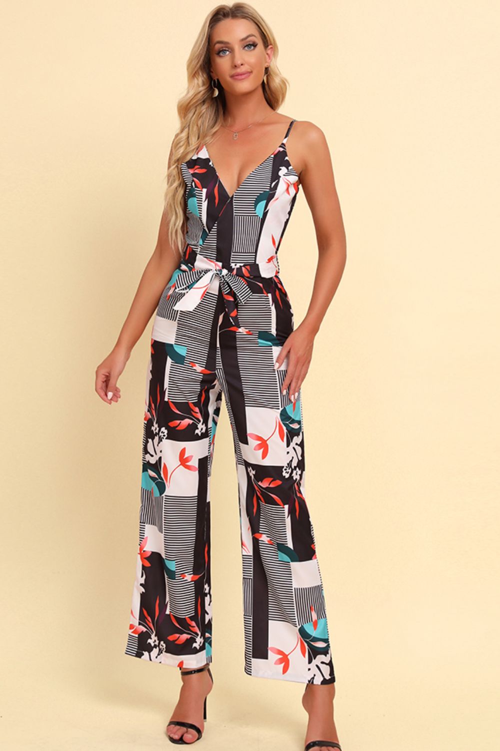 swvws Printed Spaghetti Strap Tied Jumpsuit