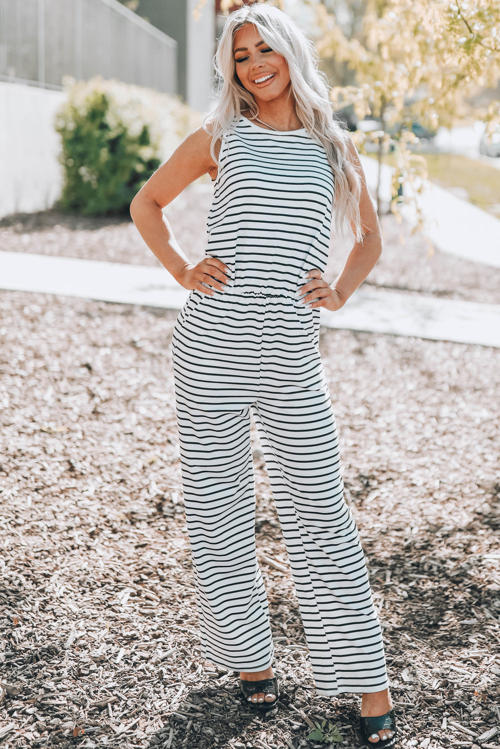 swvws Striped Sleeveless Jumpsuit with Pockets