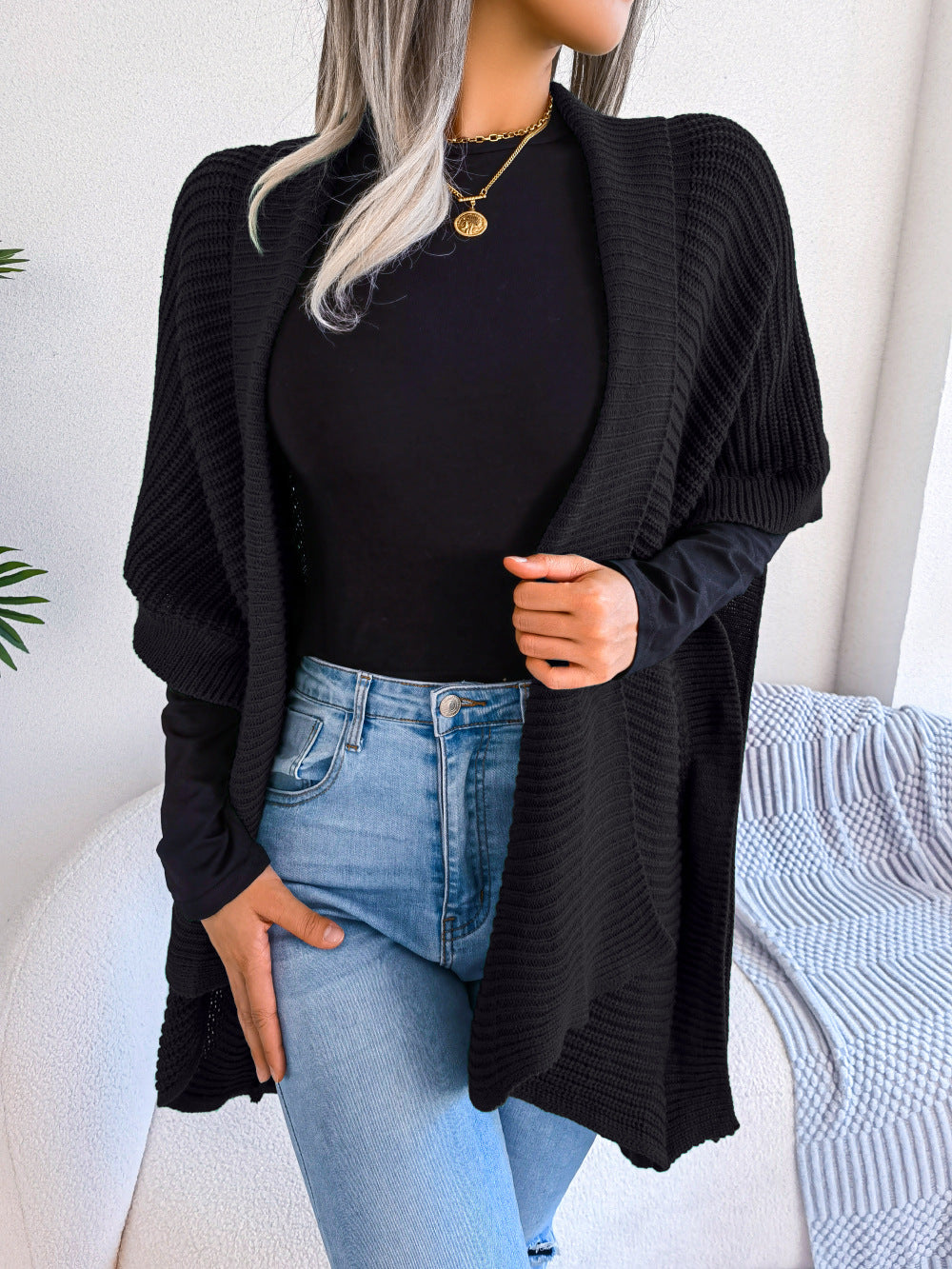 swvws Horizontal Ribbing Open Front Slit Cardigan