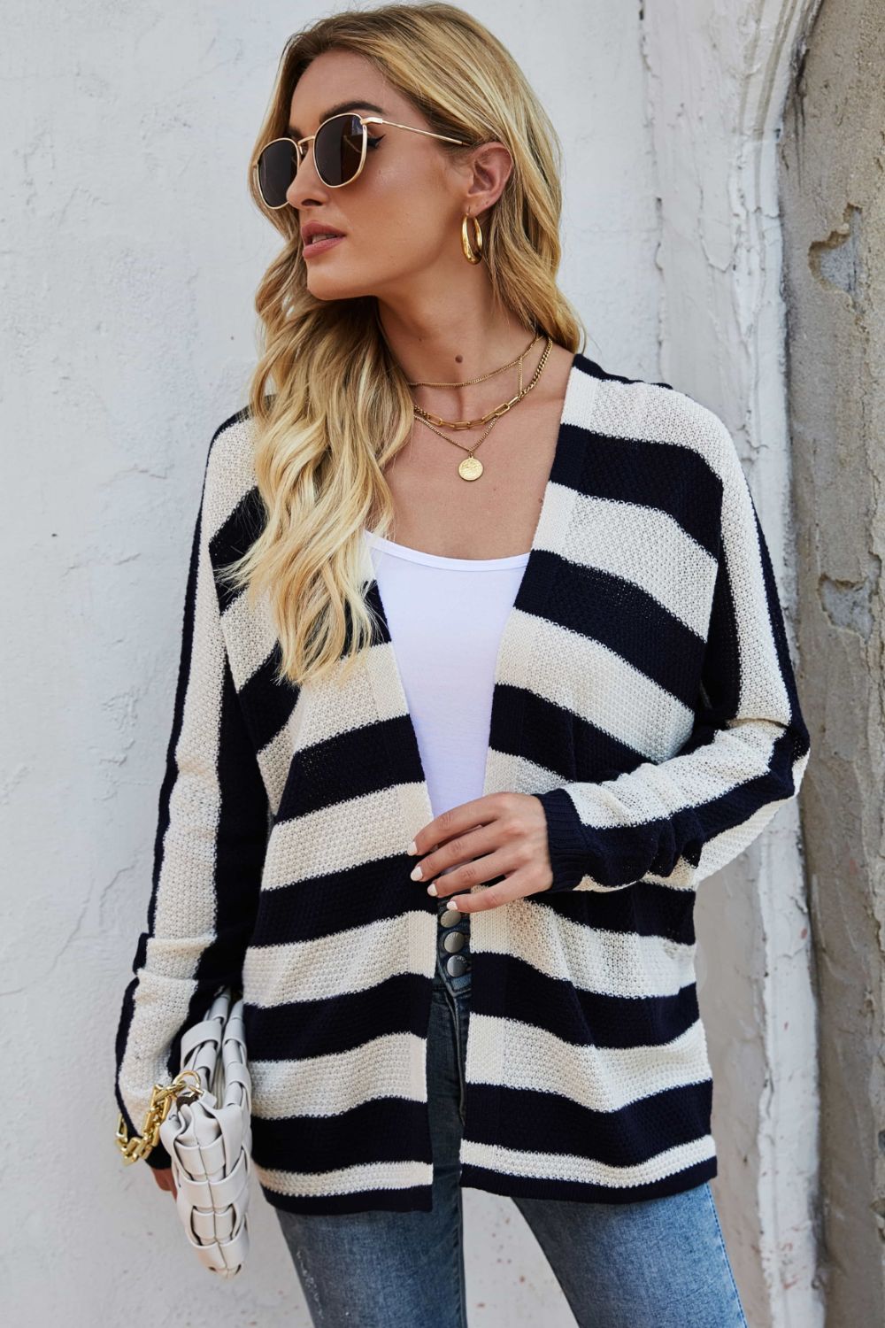 swvws Striped Dolman Sleeve Open Front Cardigan