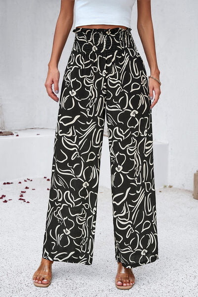 swvws Smocked Printed Wide Leg Pants with Pockets