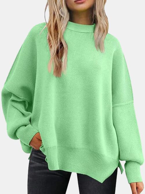 swvws Round Neck Drop Shoulder Slit Sweater