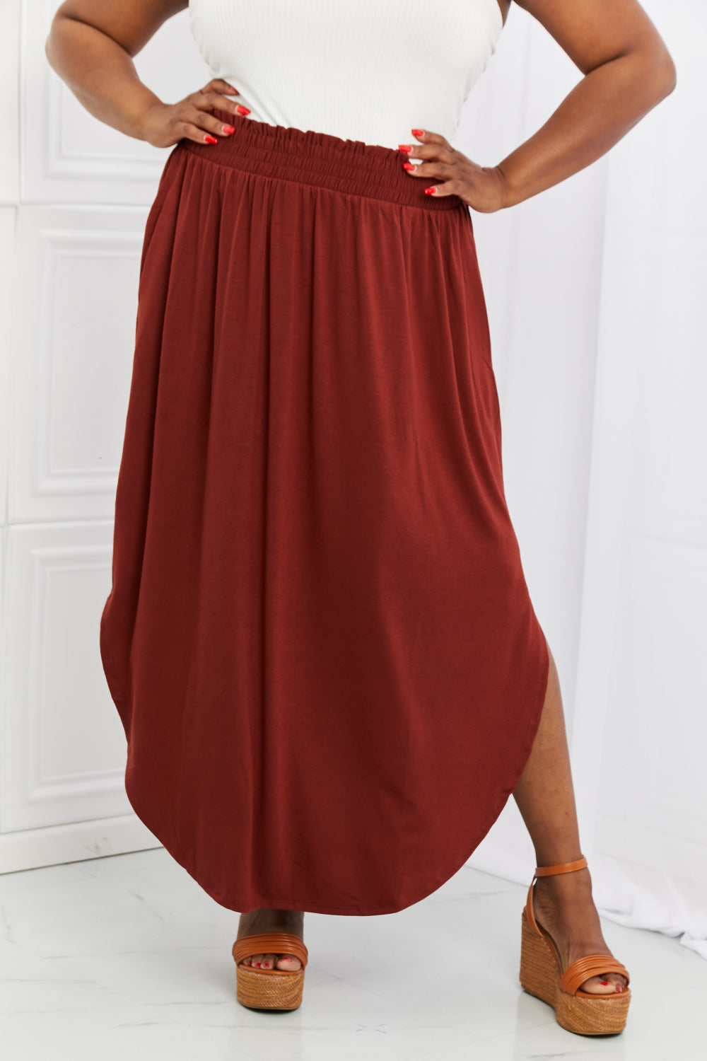 themeisles Zenana It's My Time Full Size Side Scoop Scrunch Skirt in Dark Rust