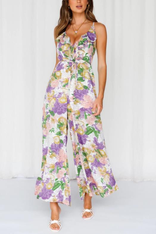 swvws Floral Print Ruffle Cami Wide Leg Jumpsuit With Self-tie Waist Jumpsuit