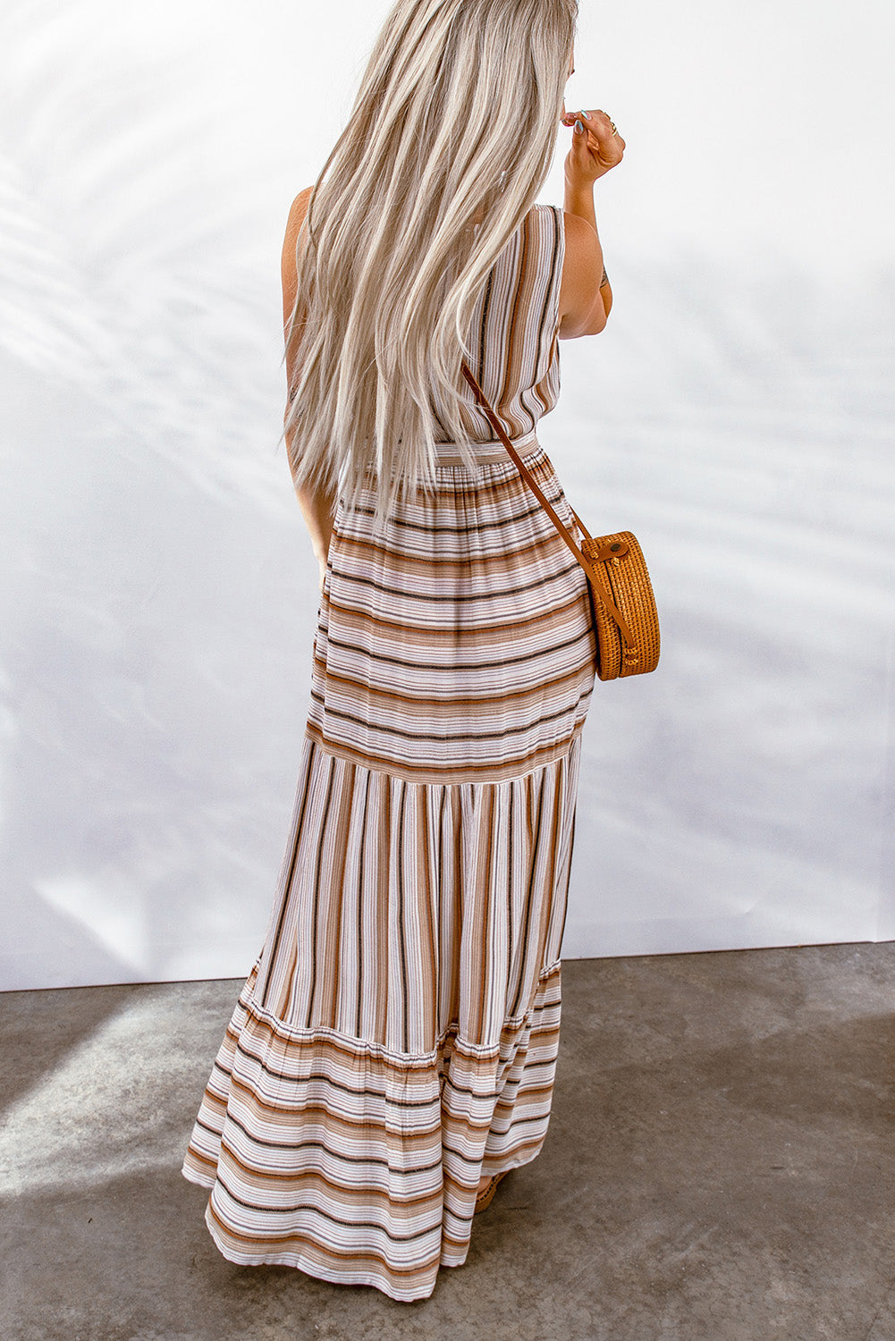 swvws Striped Tie Waist Slit Sleeveless Dress