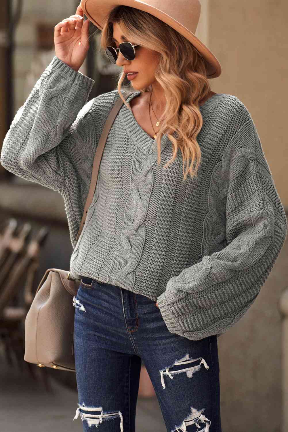 swvws Cable Knit V-Neck Sweater