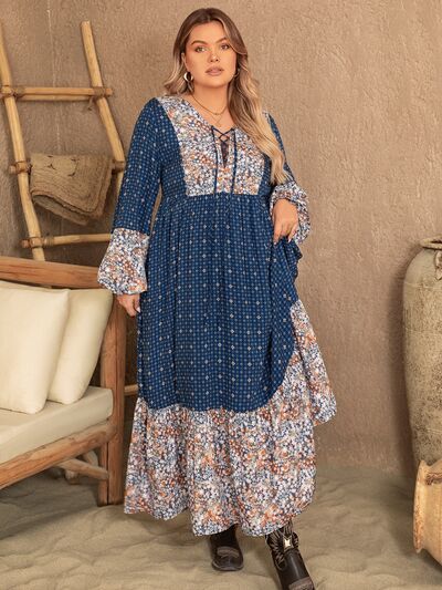 swvws Plus Size Printed Balloon Sleeve Maxi Dress