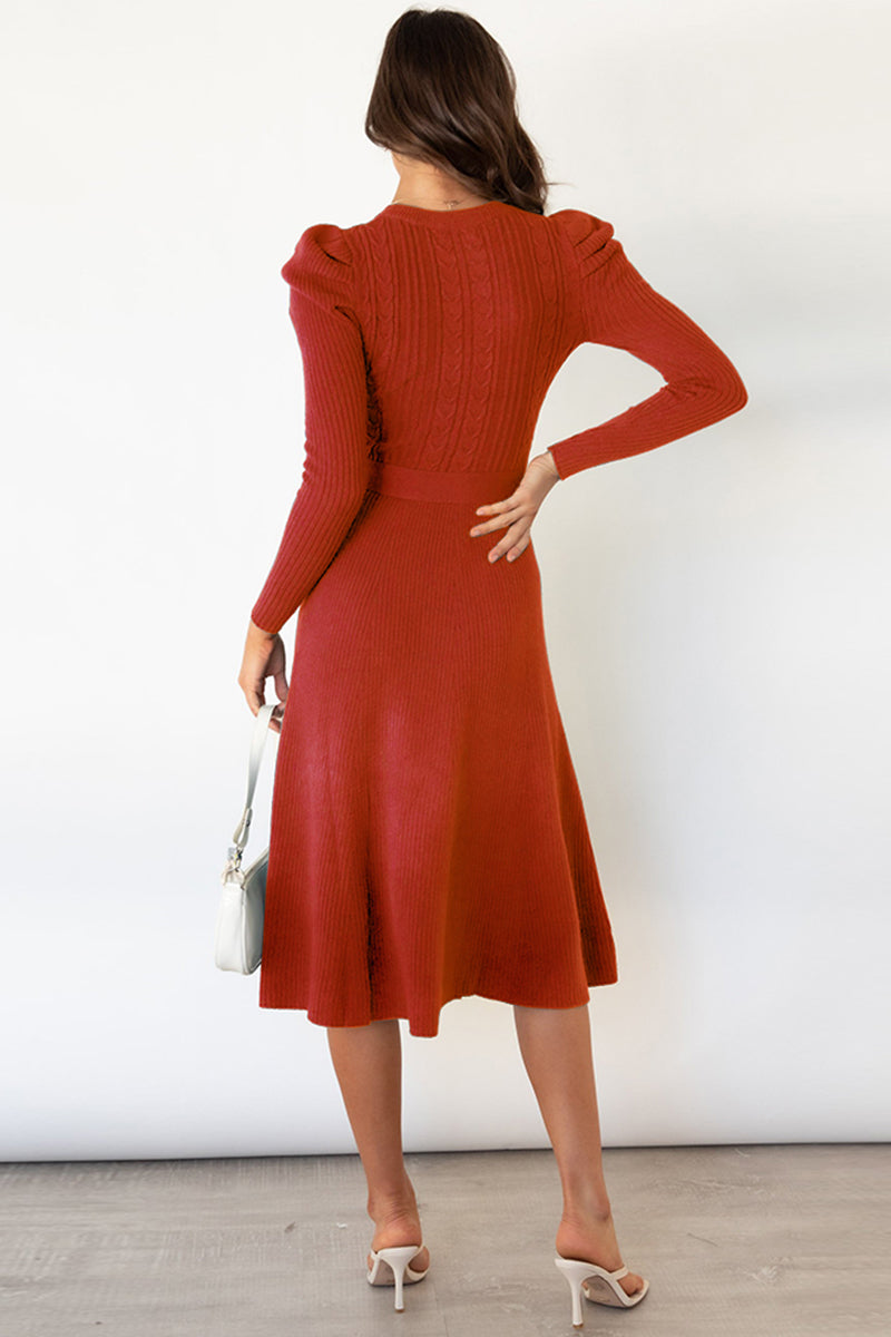 swvws Round Neck Long Sleeve Tie Waist Sweater Dress