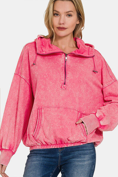 swvws Zenana Drawstring Half Zip Dropped Shoulder Hoodie