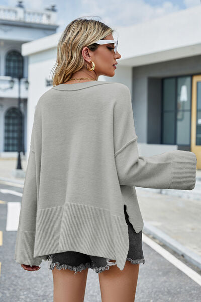 swvws High-Low Slit Round Neck Long Sleeve Sweater