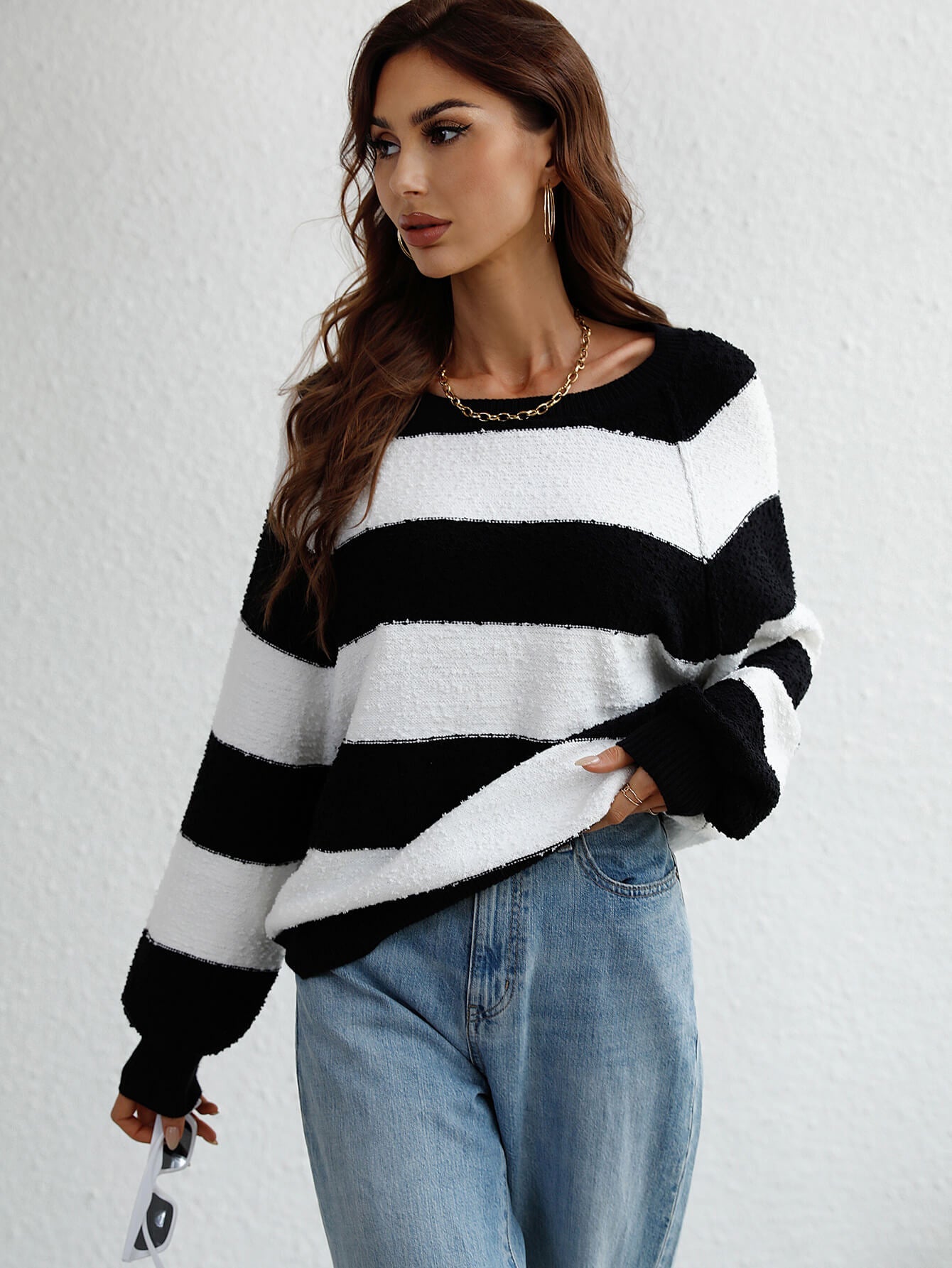 swvws Striped Raglan Sleeve Ribbed Trim Knit Top