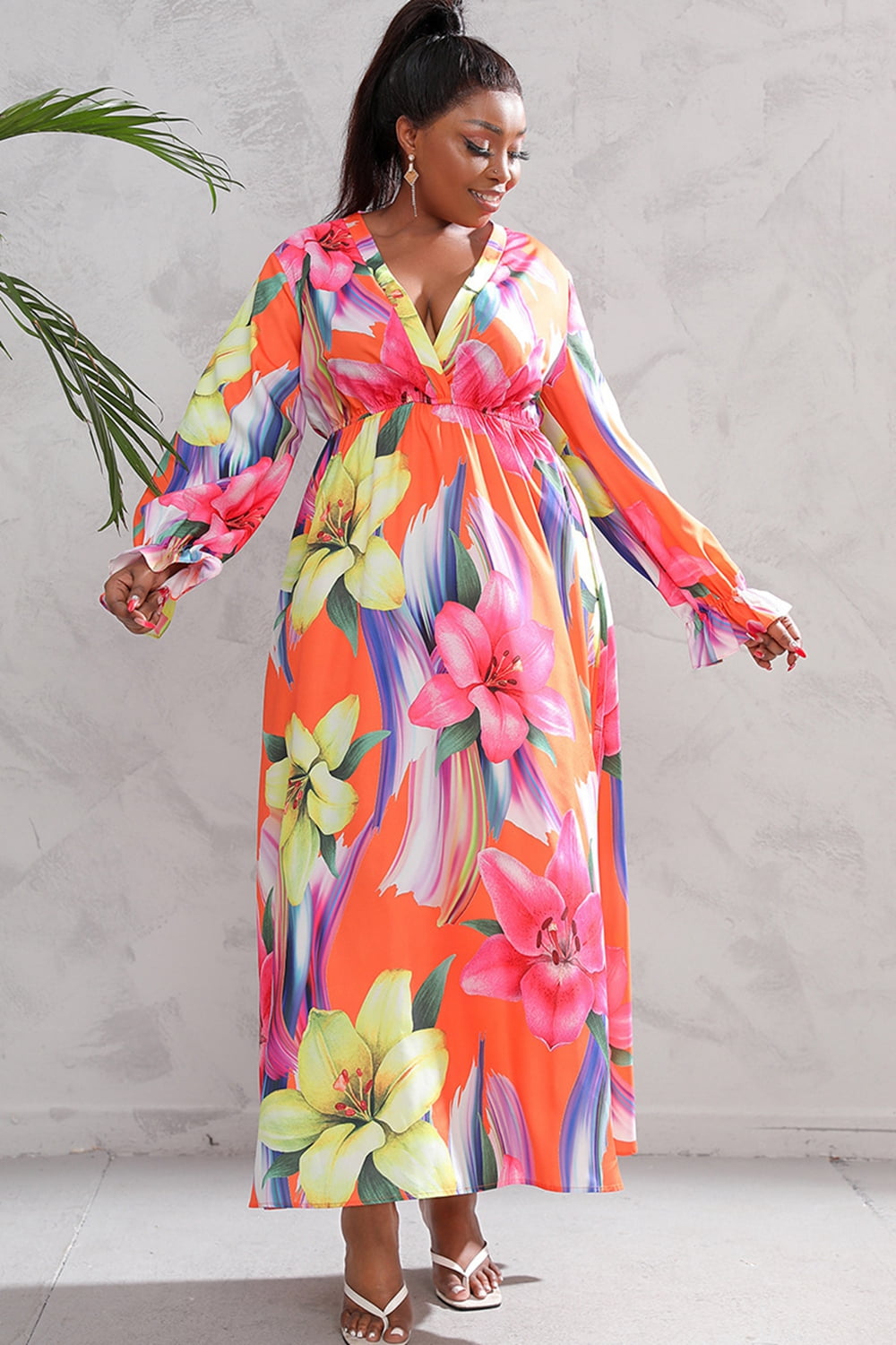 swvws Plus Size Printed Flounce Sleeve Maxi Dress