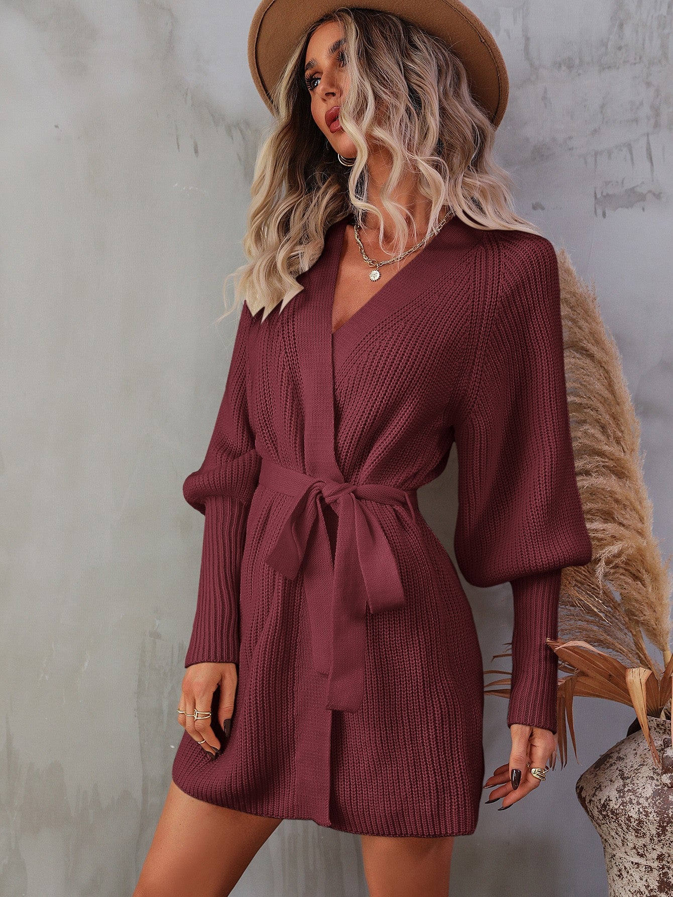 swvws Belted Surplice Lantern Sleeve Wrap Sweater Dress