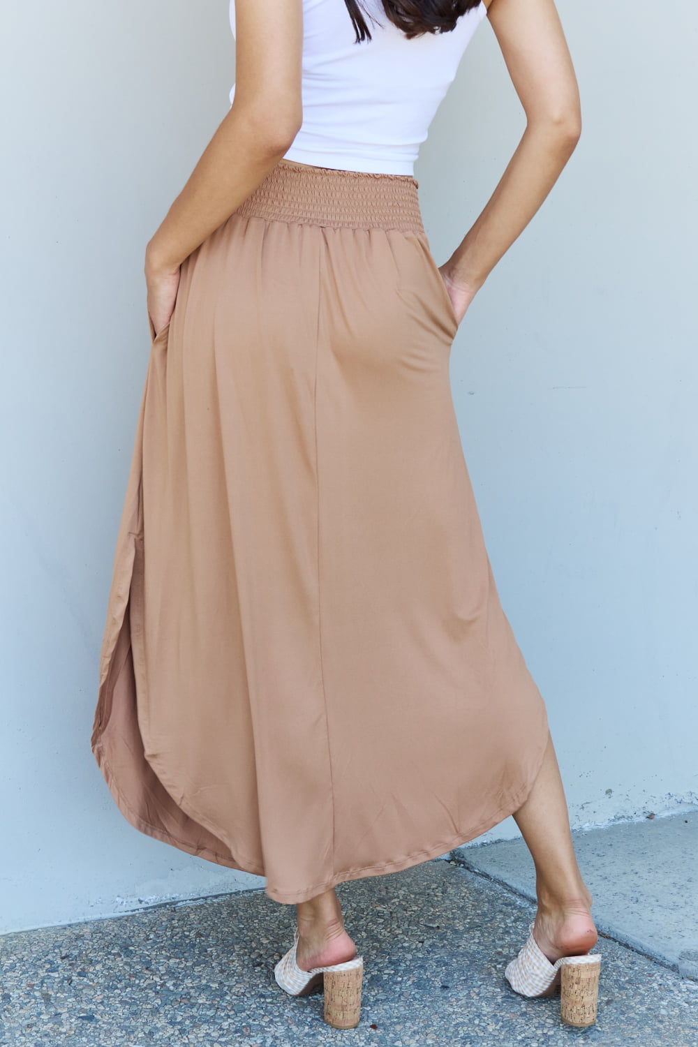 themeisles Doublju Comfort Princess Full Size High Waist Scoop Hem Maxi Skirt in Tan