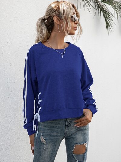 swvws Lace-Up Round Neck Long Sleeve Sweatshirt