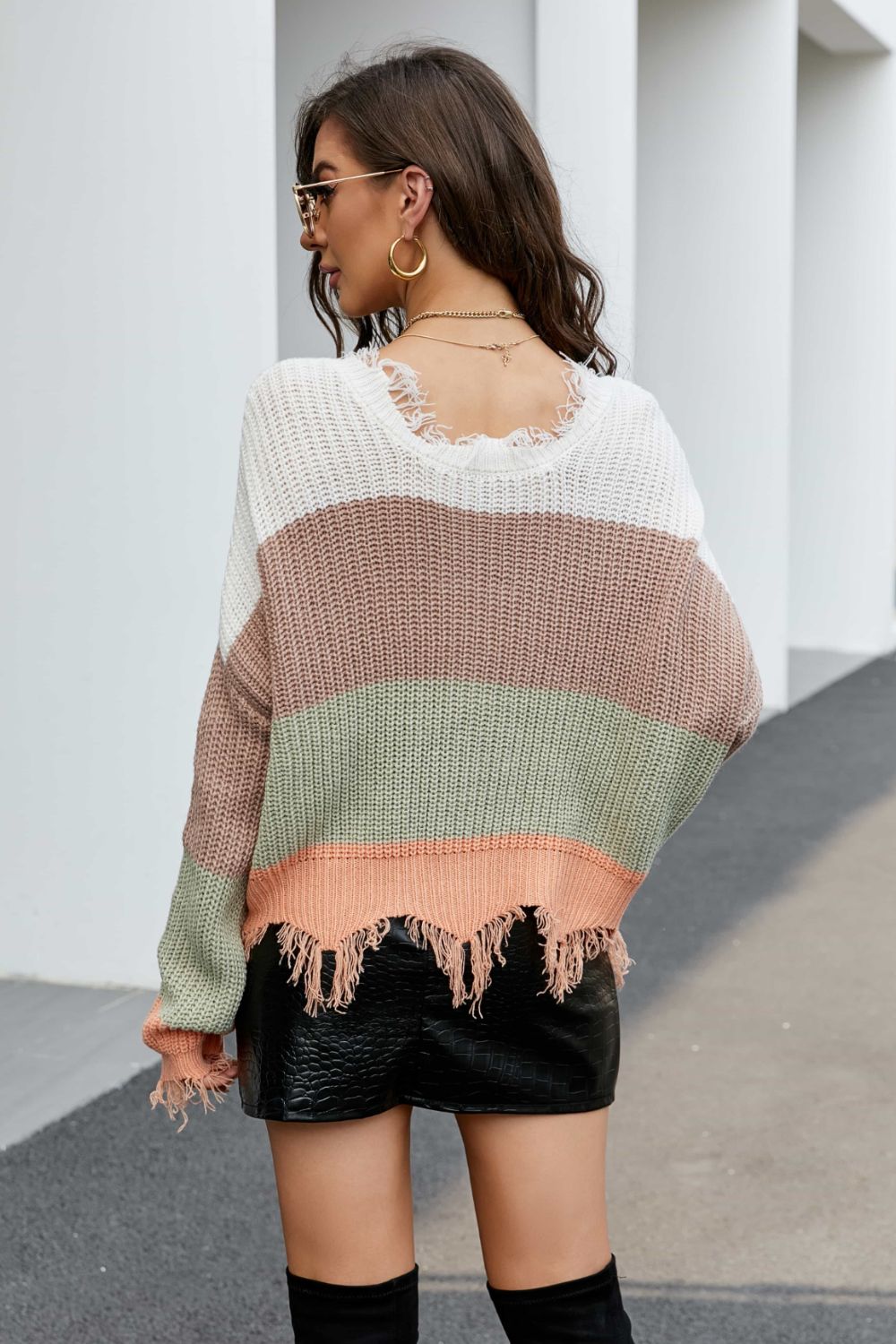 swvws Striped Fringe Trim V-Neck Sweater