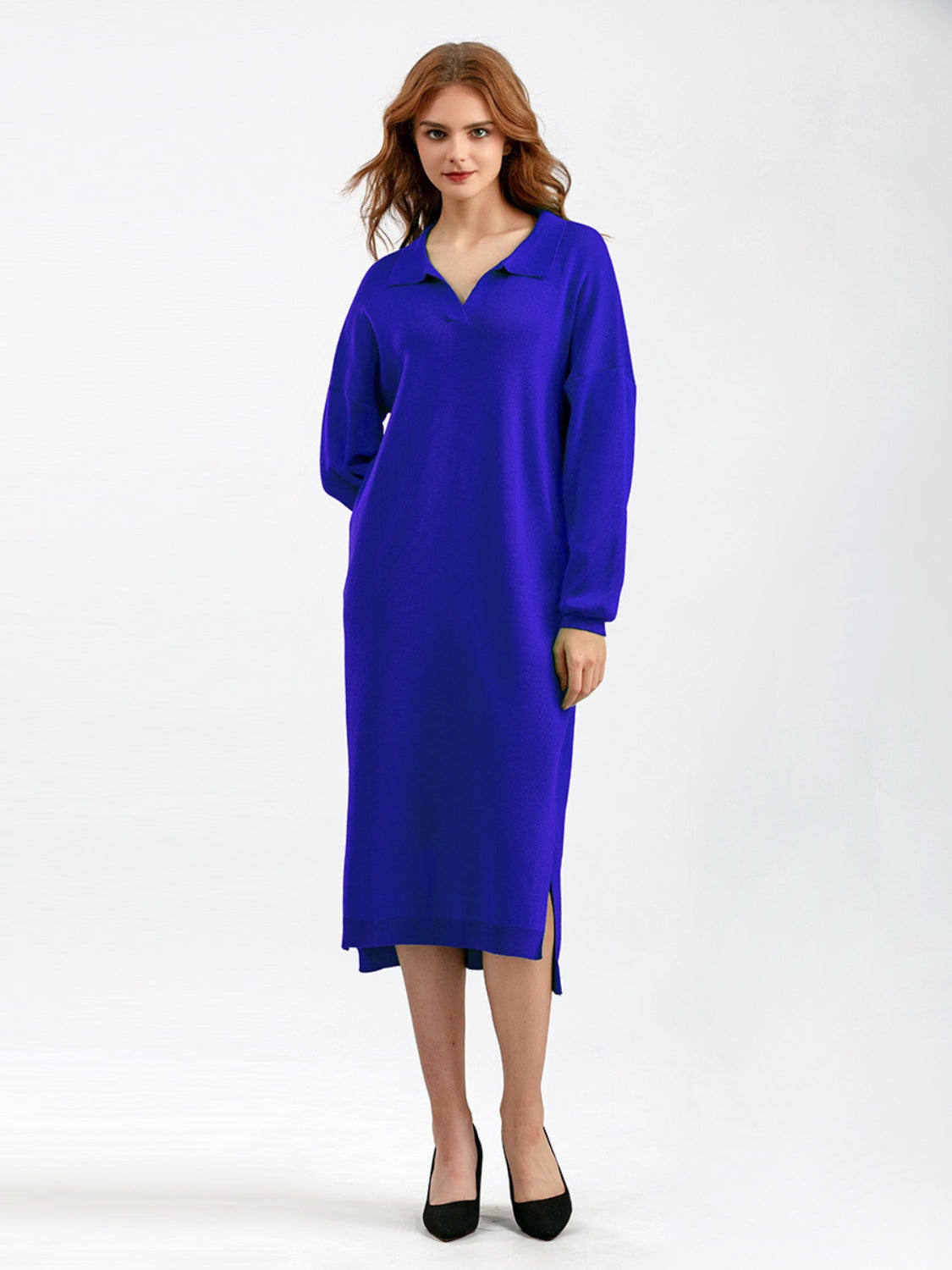 swvws Johnny Collar Long Sleeve Slit Sweater Dress