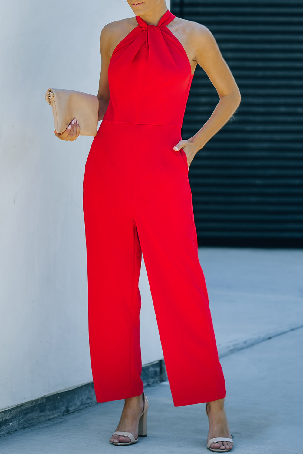 swvws Twisted Grecian Neck Wide Leg Jumpsuit