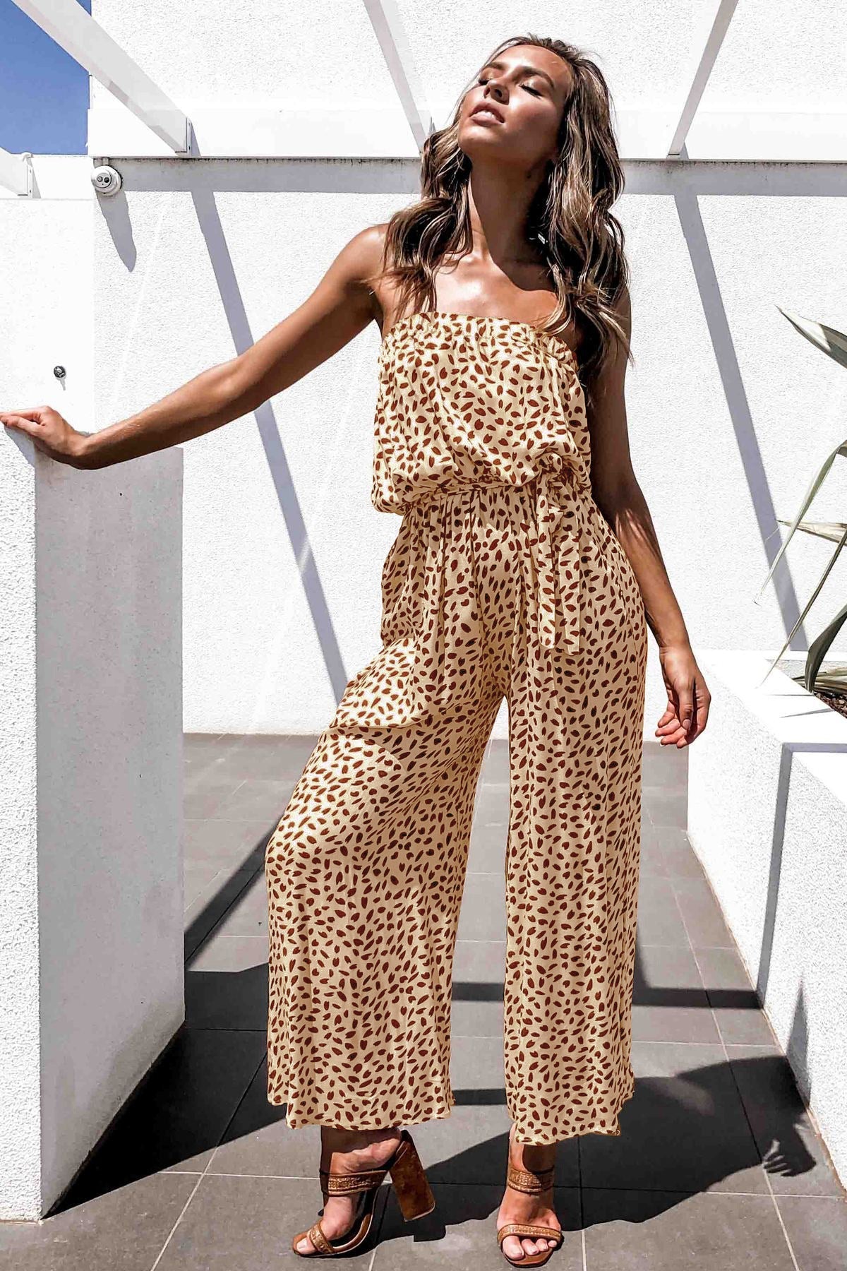 swvws Printed Strapless Tie Waist Wide Leg Jumpsuit