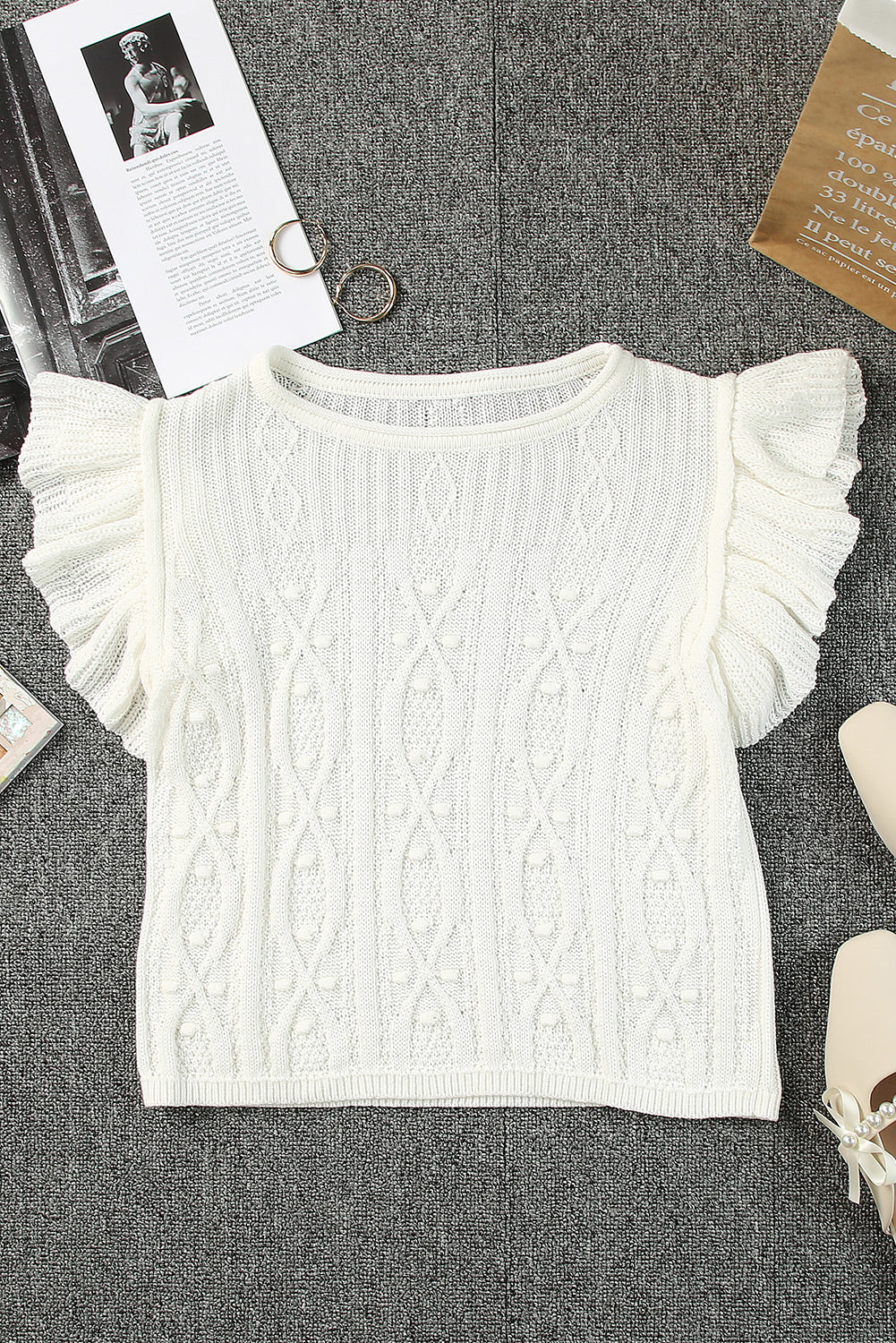 swvws Flutter Sleeve Pompom Detail Knit Top