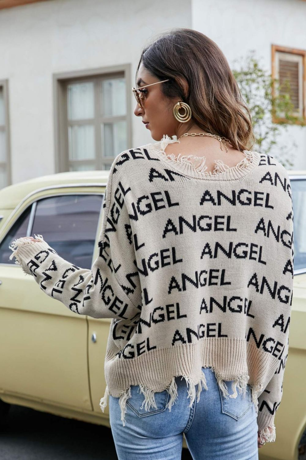 swvws ANGEL Distressed V-Neck Dropped Shoulder Sweater