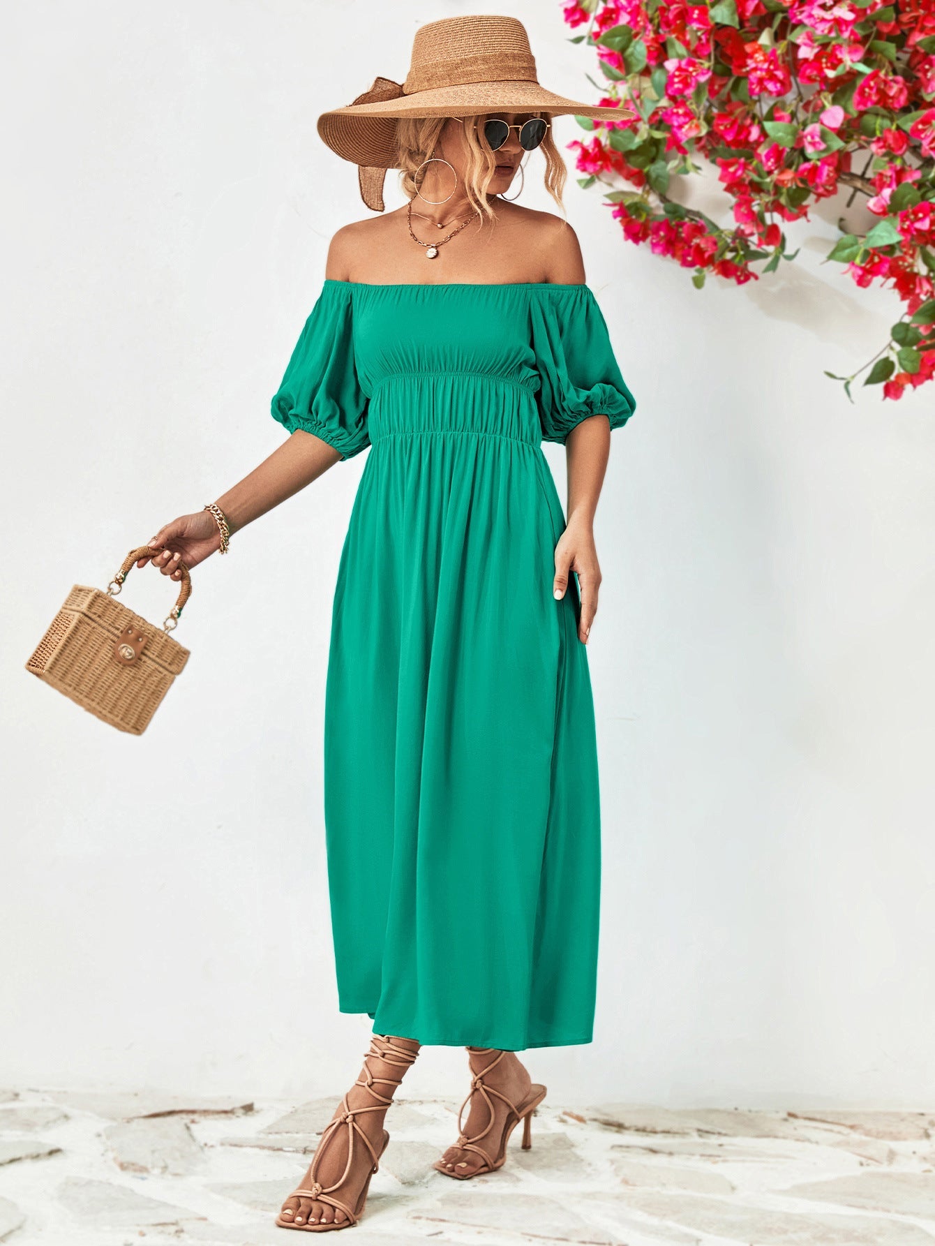 swvws Off-Shoulder Balloon Sleeve Midi Dress