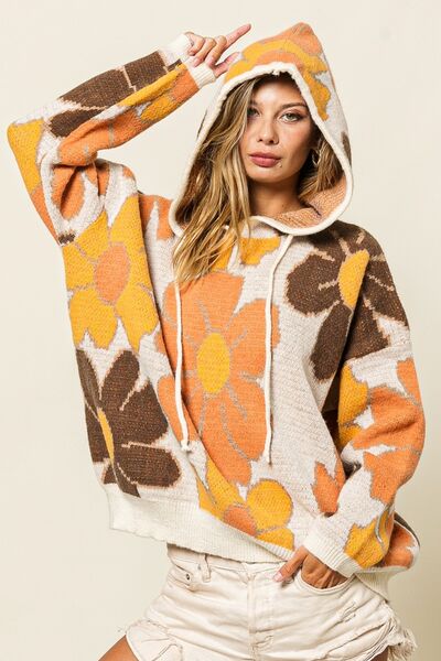 swvws BiBi Flower Pattern Drawstring Hooded Sweater