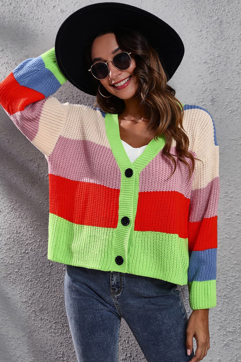 swvws Color Block Button-Down Dropped Shoulder Cardigan