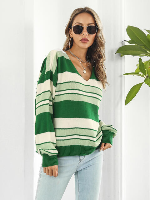 swvws Striped V-Neck Long Sleeve Knit Top