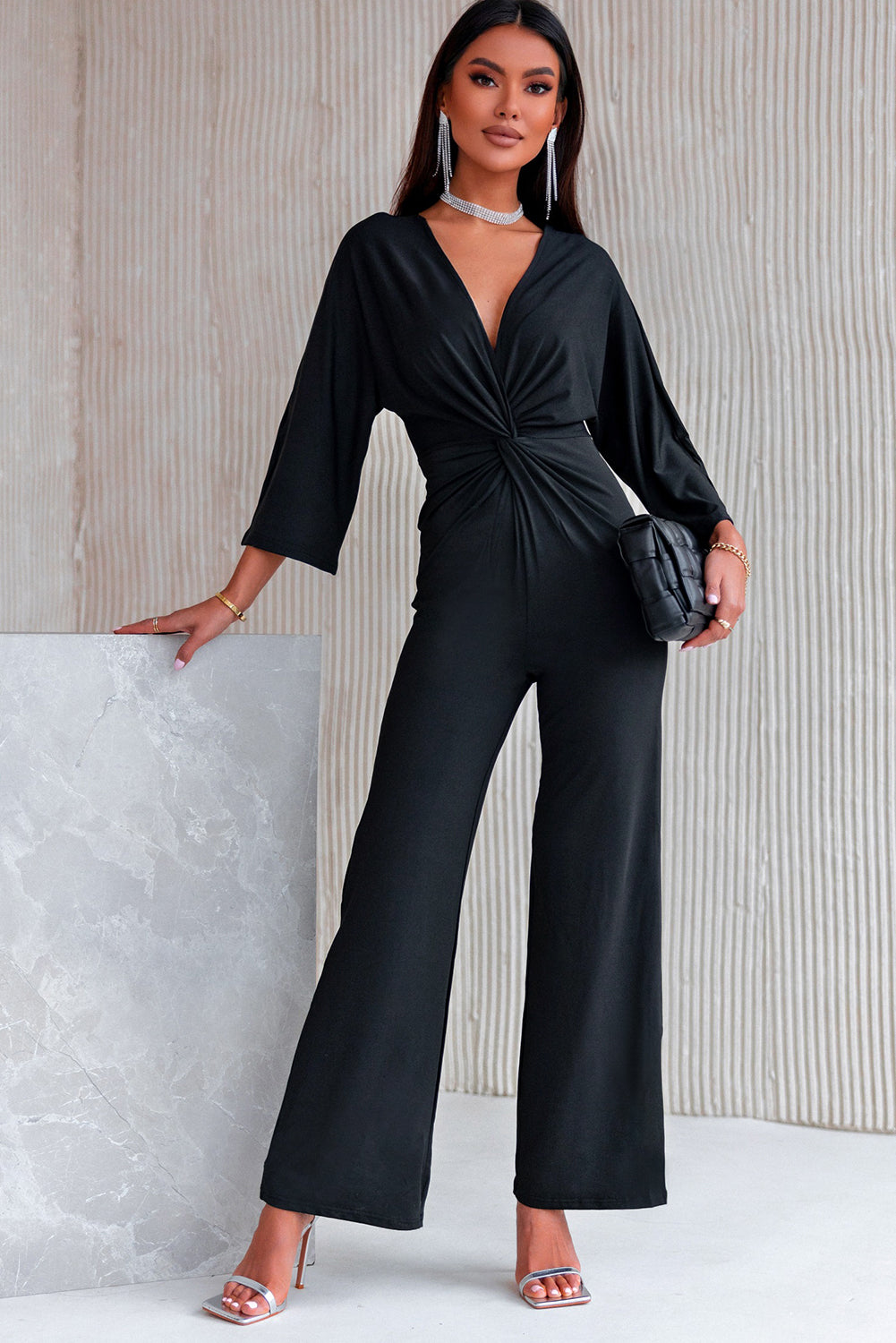 swvws Twisted Plunge Three-Quarter Sleeve Jumpsuit