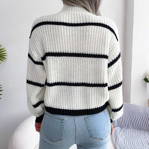 swvws Striped Mock Neck Dropped Shoulder Sweater