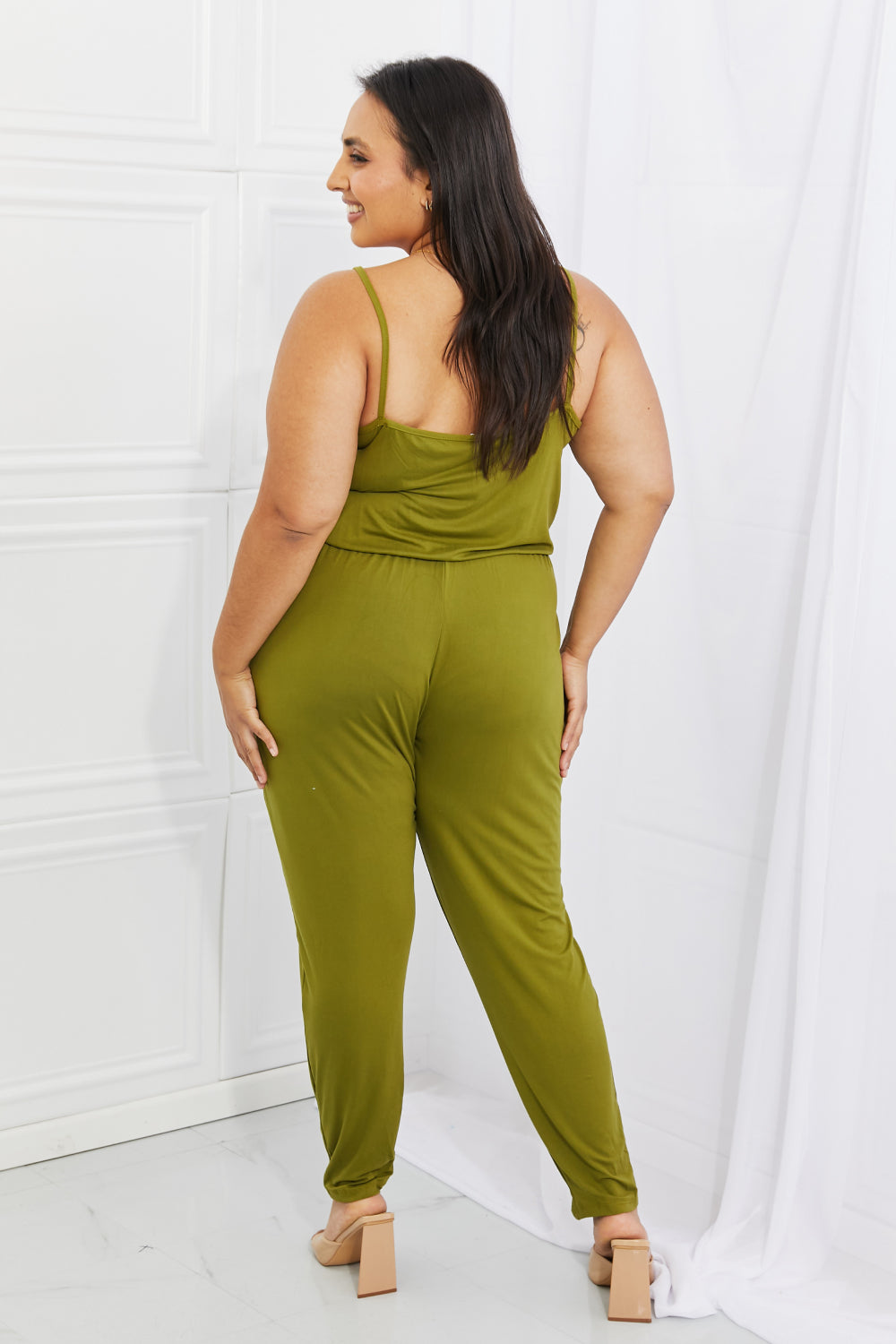 swvws Capella Comfy Casual Full Size Solid Elastic Waistband Jumpsuit in Chartreuse